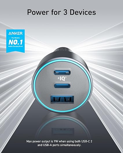 Anker Voiture Chargeur Auto 3 Ports 67W avec Câble USB-C Inclus