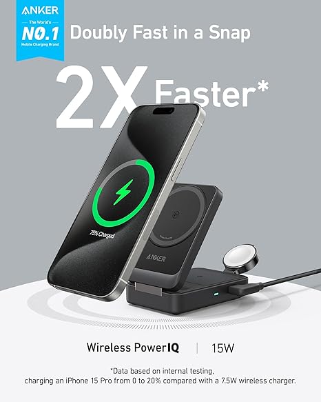 Anker MagGo 15W Station de Charge Sans Fil (Pliable 3-en-1) avec Chargeur et Câble USB-C