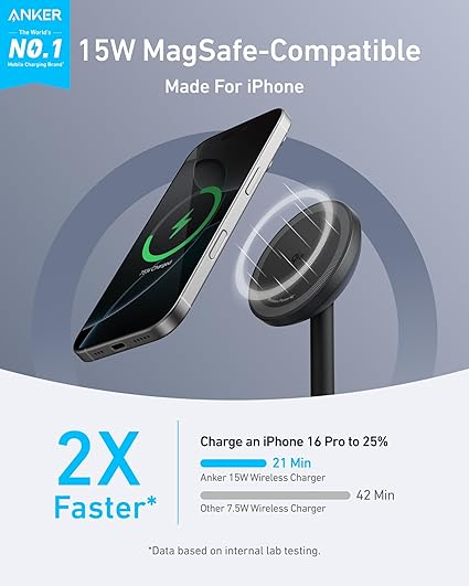 Anker MagGo Qi2 15W avec Câble USB-C Support de Charge Sans Fil