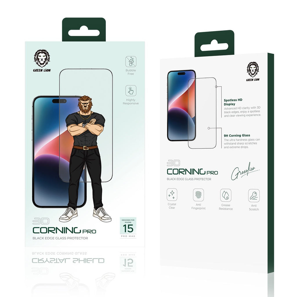 Green lion Protection d'écran transparente en verre Corning Pro Black Edge 3D pour série 15