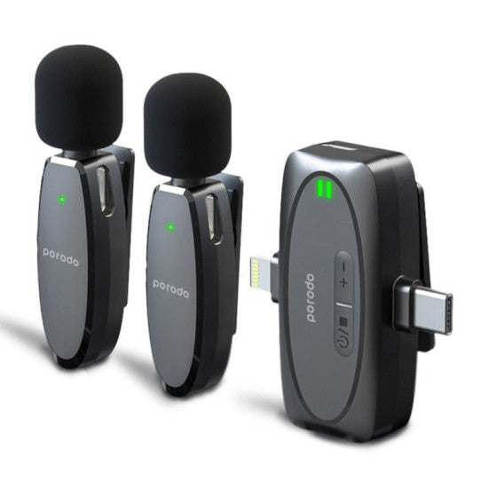 Porodo wireless lavalier microphone & charging case lightning/type-c/3.5mm aux in/out