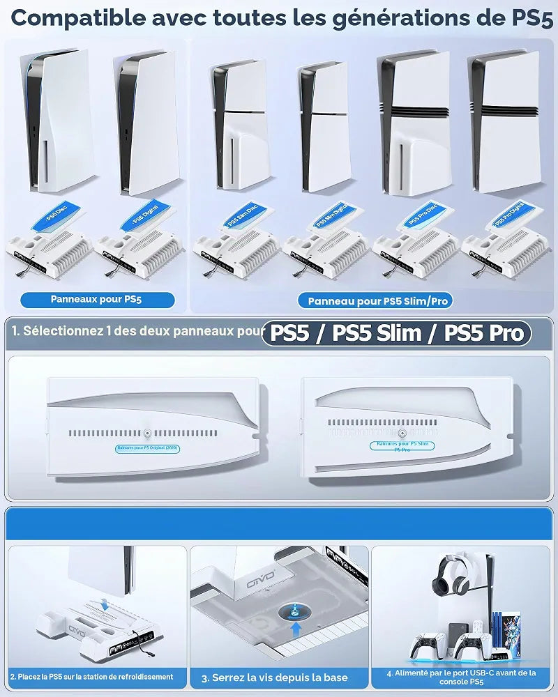 Oivo Support de refroidissement pour PS5 avec chargeur de manette
