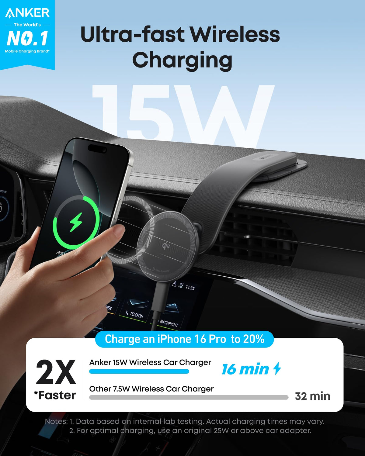 ANKER NANO CHARGEUR MAGNÉTIQUE SANS FIL POUR VOITURE AVEC ADAPTATEUR DE VOITURE ET CÂBLE USB-C